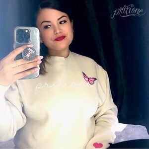 Pritione Cream Sweater with Pink Butterfly patch